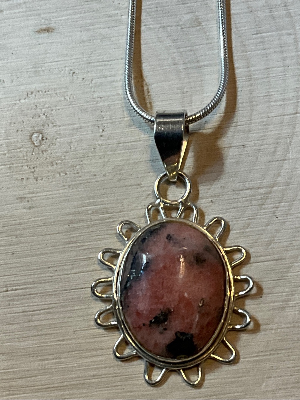 Rhodonite Pink w/Black Speckles Sunburst Pendant Necklace Sterling Silver